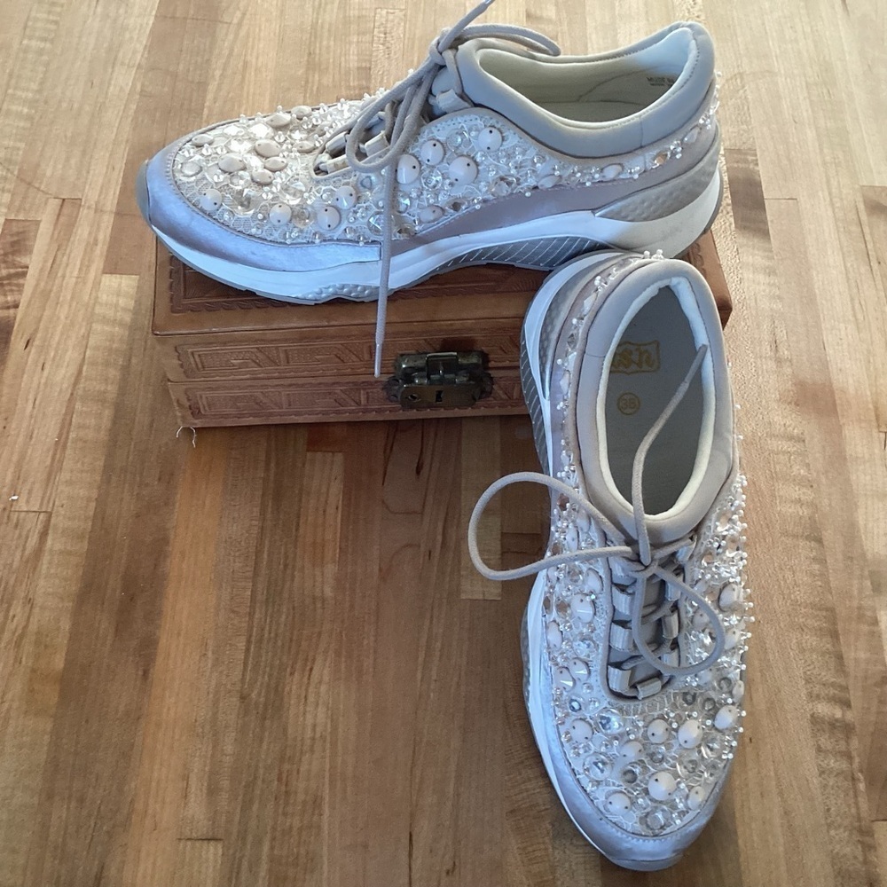 Ash Muse bejeweled, beaded, sequins, crystal, silver gray sneakers Sz 38  7.5/8